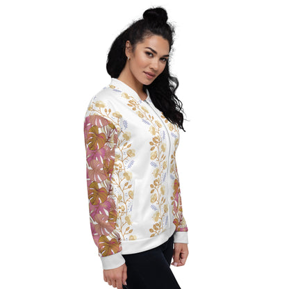 Women's Flower Pattern Pink Yellow Bomber Jacket