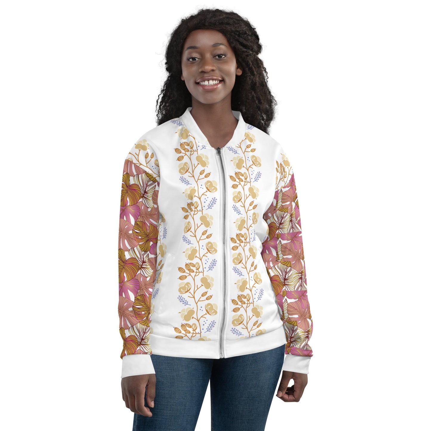 Women's Flower Pattern Pink Yellow Bomber Jacket