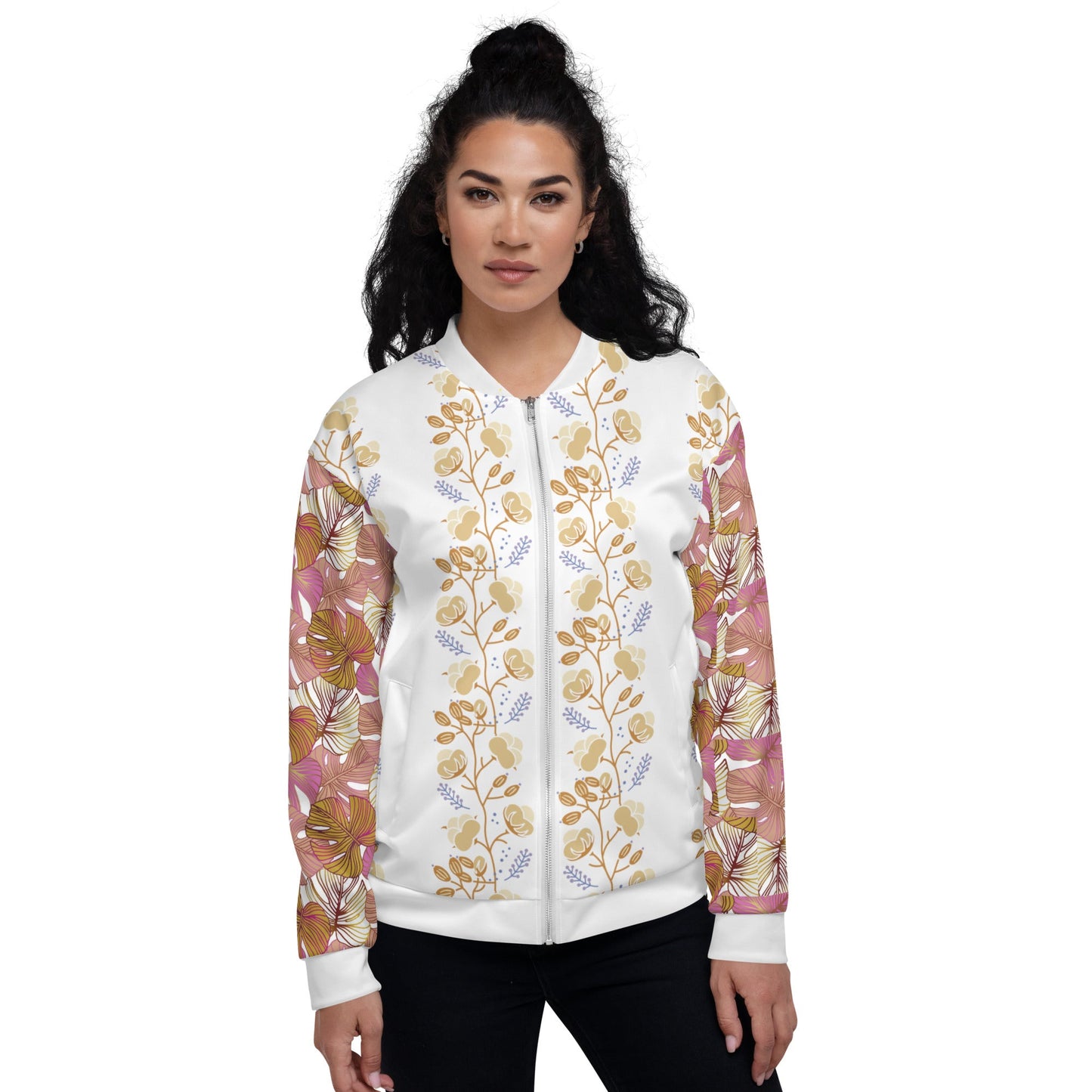 Women's Flower Pattern Pink Yellow Bomber Jacket