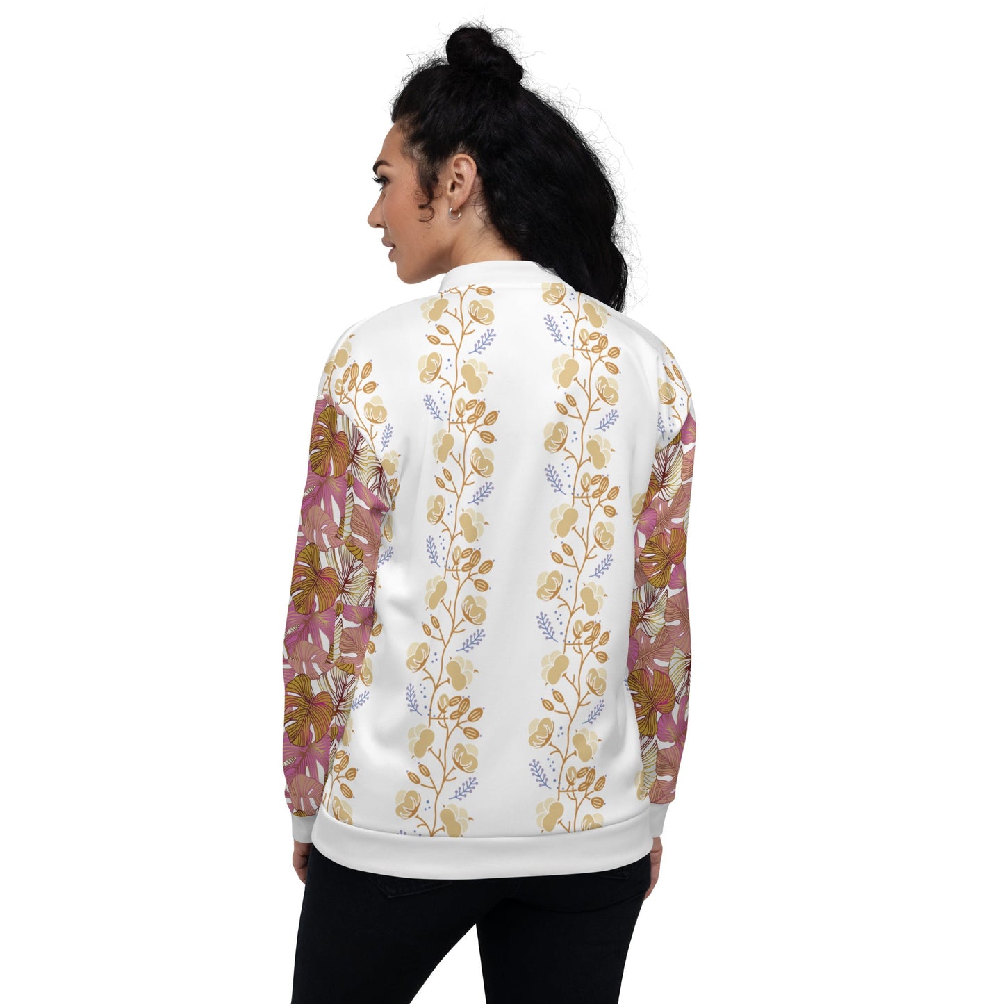 Women's Flower Pattern Pink Yellow Bomber Jacket