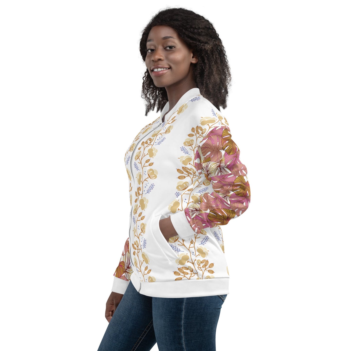 Women's Flower Pattern Pink Yellow Bomber Jacket